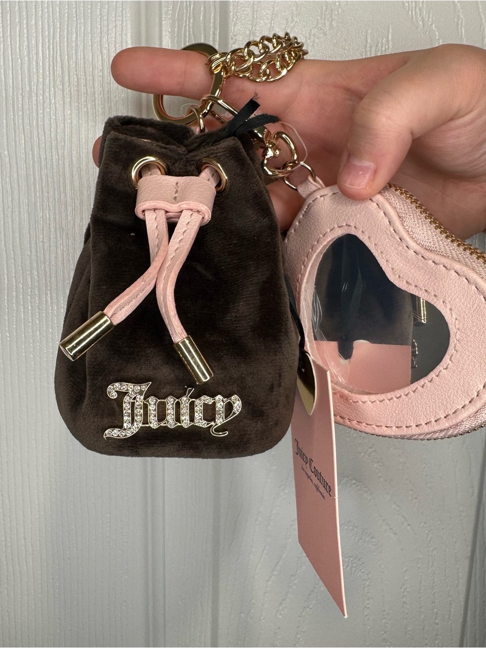 Juicy Couture Chocolate Brown Velvet Mini Pouch and Pink Heart Coin Keychain